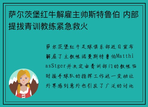 萨尔茨堡红牛解雇主帅斯特鲁伯 内部提拔青训教练紧急救火